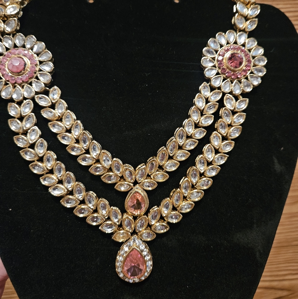 Pink & Gold Indian Bollywood Fashion Jewlery Necklace Earring Set - Picture 3 of 5